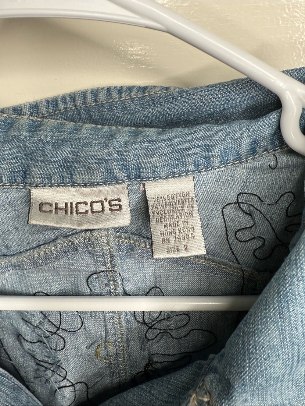 Chico's Light Blue Embroidered Denim Jacket with gemstones and bead stitching - Picture 4 of 6